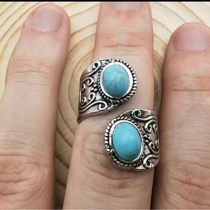 Navajo Vintage Inspired Adjustable Turquoise Silvery Ring Fashion Jewelry